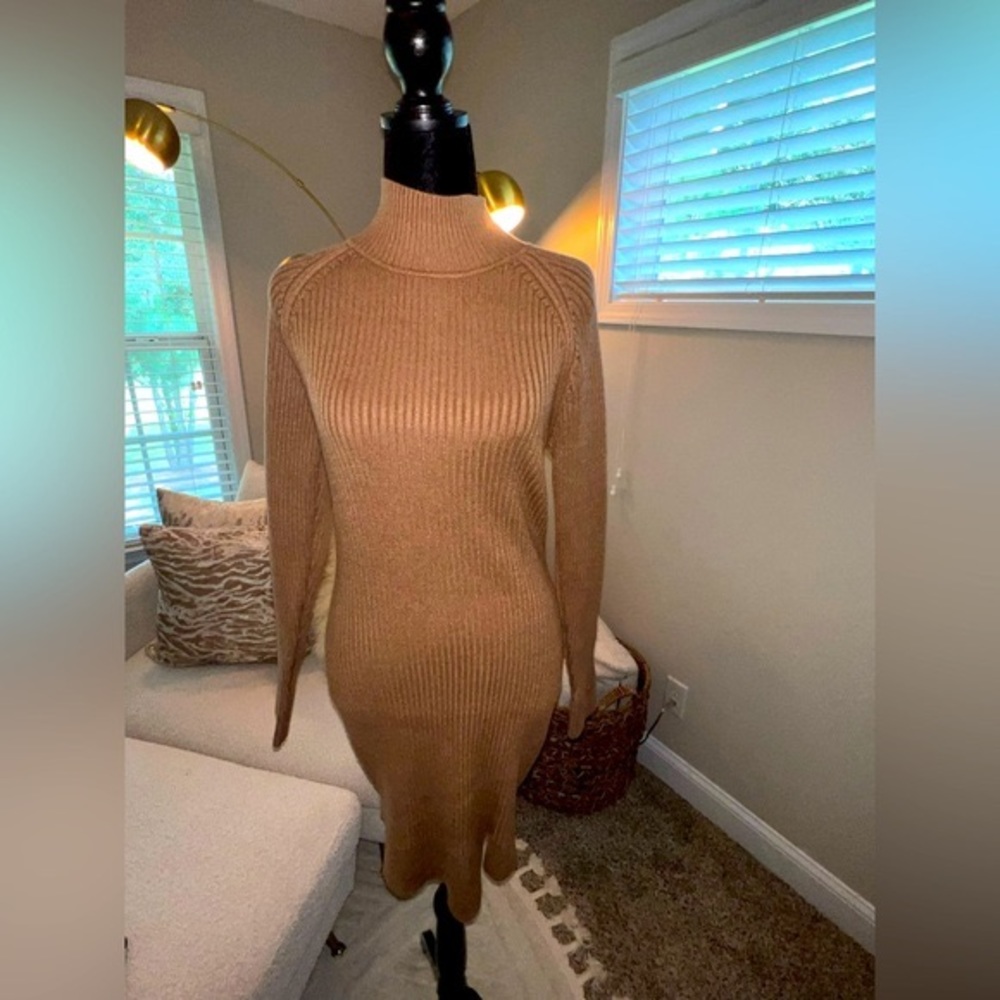 BARDOT: Tan Ribbed Turtleneck Dress - Size Medium